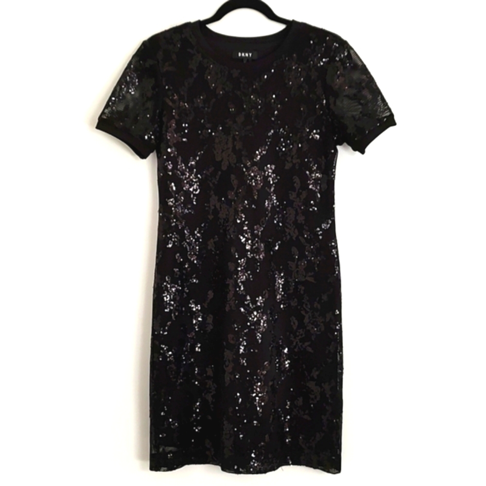 DKNY Womens Black Sequins Mesh Rib Collar & Sleeve Party Cocktail Dress/Size 2